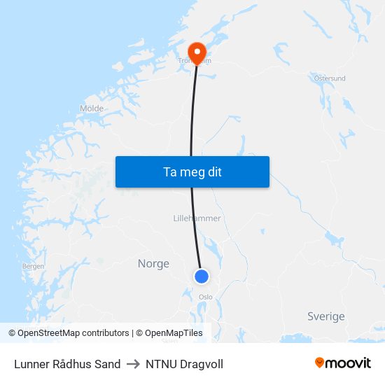 Lunner Rådhus Sand to NTNU Dragvoll map