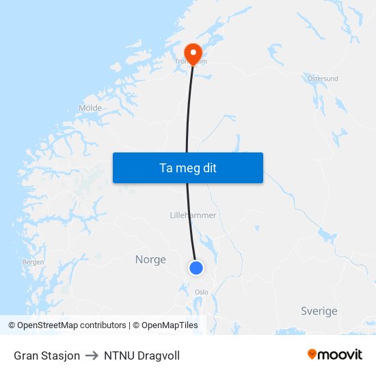 Gran Stasjon to NTNU Dragvoll map