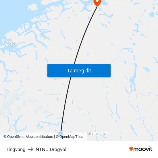 Tingvang to NTNU Dragvoll map