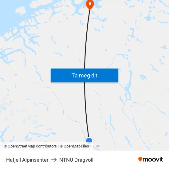 Hafjell Alpinsenter to NTNU Dragvoll map