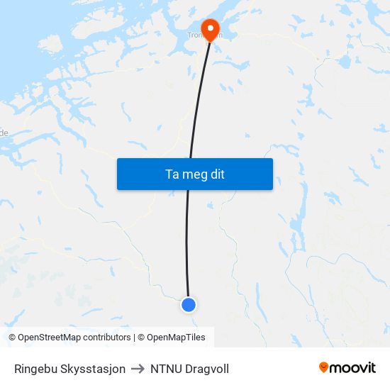 Ringebu Skysstasjon to NTNU Dragvoll map