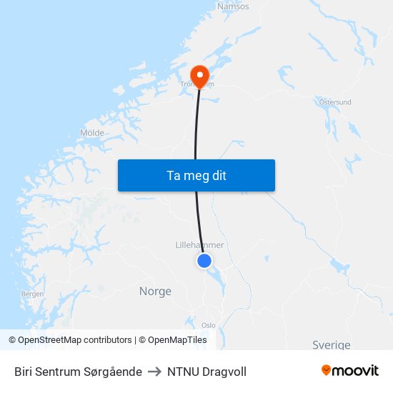 Biri Sentrum Sørgående to NTNU Dragvoll map