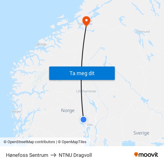 Hønefoss Sentrum to NTNU Dragvoll map