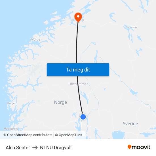 Alna Senter to NTNU Dragvoll map