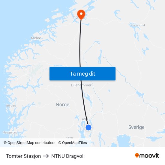 Tomter Stasjon to NTNU Dragvoll map