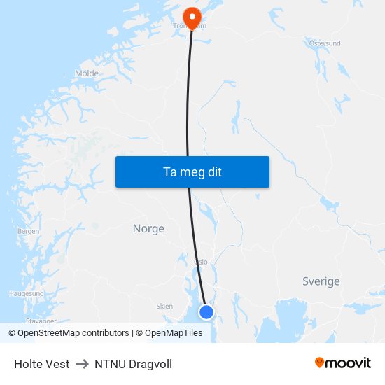 Holte Vest to NTNU Dragvoll map