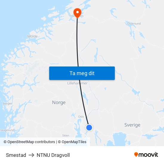 Smestad to NTNU Dragvoll map