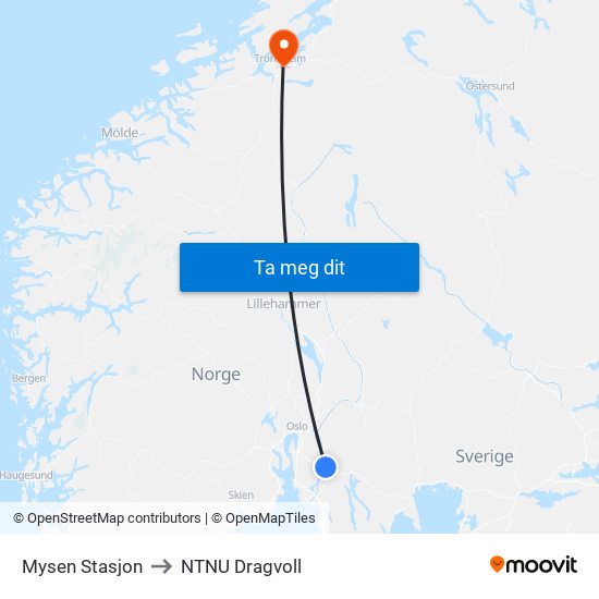 Mysen Stasjon to NTNU Dragvoll map