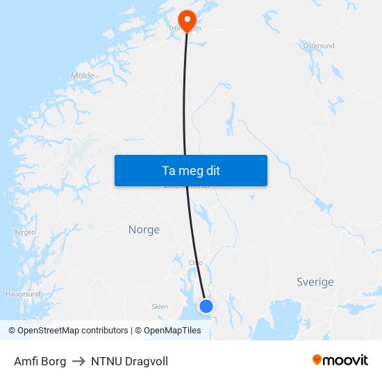 Amfi Borg to NTNU Dragvoll map