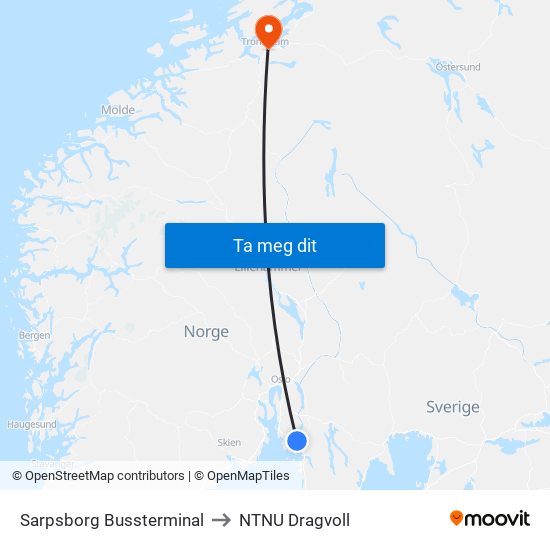 Sarpsborg Bussterminal to NTNU Dragvoll map