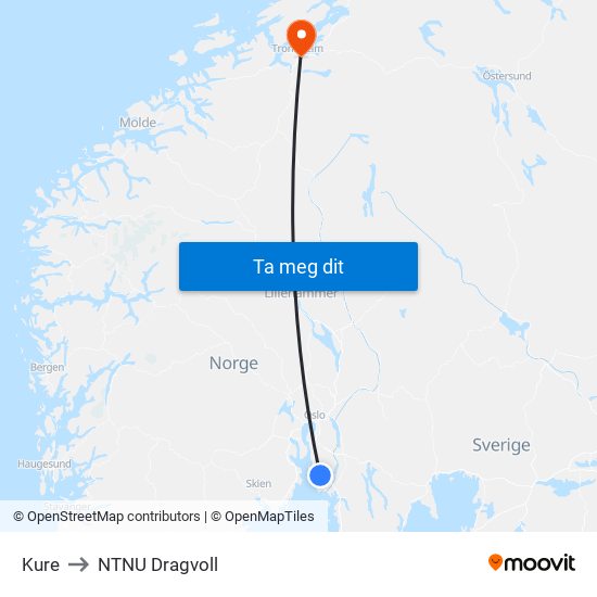 Kure to NTNU Dragvoll map