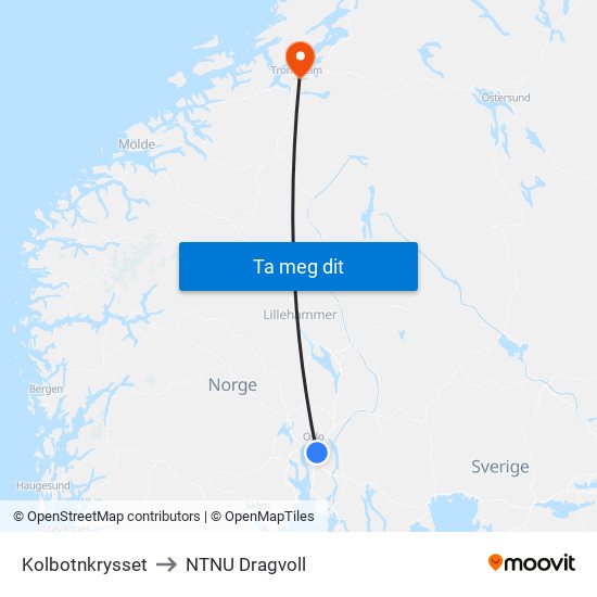 Kolbotnkrysset to NTNU Dragvoll map