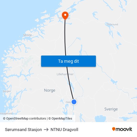 Sørumsand Stasjon to NTNU Dragvoll map