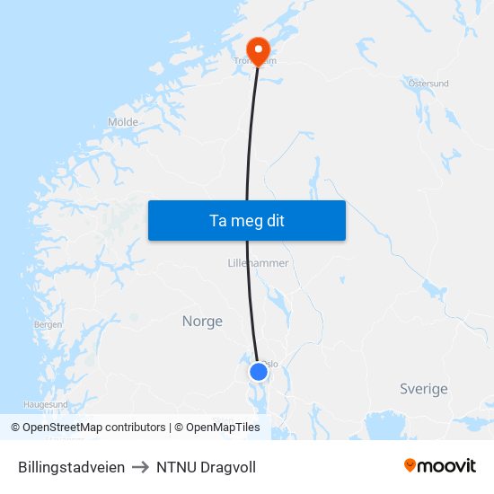 Billingstadveien to NTNU Dragvoll map
