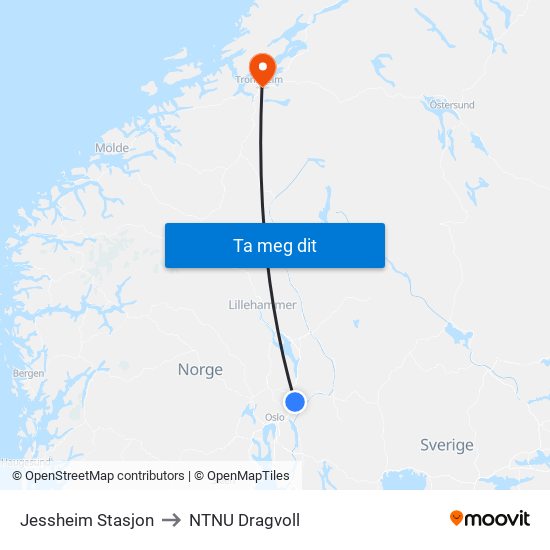 Jessheim Stasjon to NTNU Dragvoll map