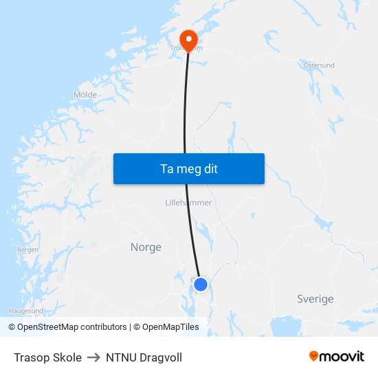 Trasop Skole to NTNU Dragvoll map