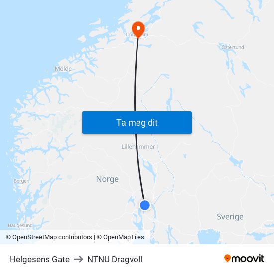 Helgesens Gate to NTNU Dragvoll map