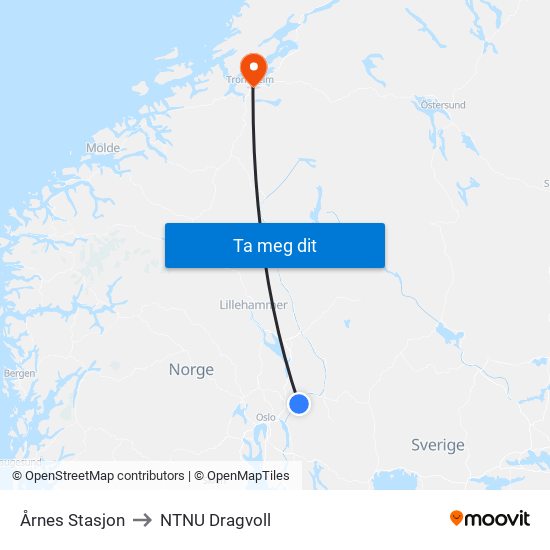Årnes Stasjon to NTNU Dragvoll map