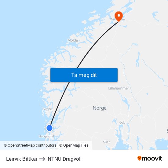 Leirvik Båtkai to NTNU Dragvoll map