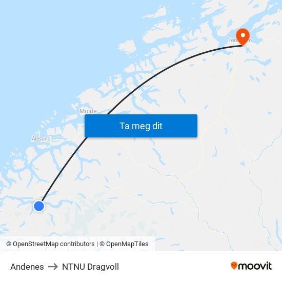 Andenes to NTNU Dragvoll map