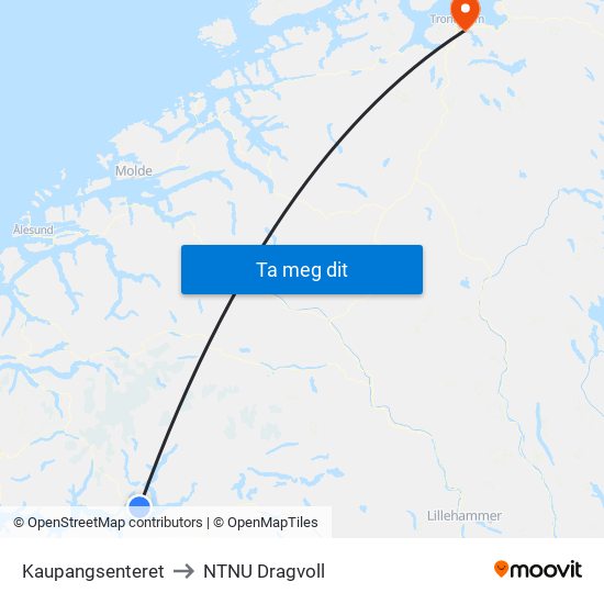 Kaupangsenteret to NTNU Dragvoll map