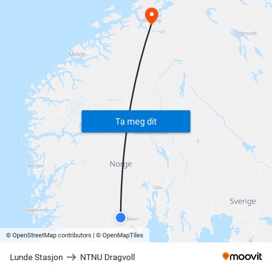 Lunde Stasjon to NTNU Dragvoll map