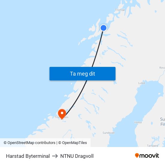 Harstad Byterminal to NTNU Dragvoll map