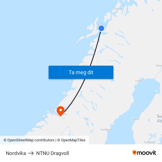 Nordvika to NTNU Dragvoll map