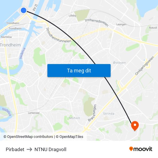 Pirbadet to NTNU Dragvoll map