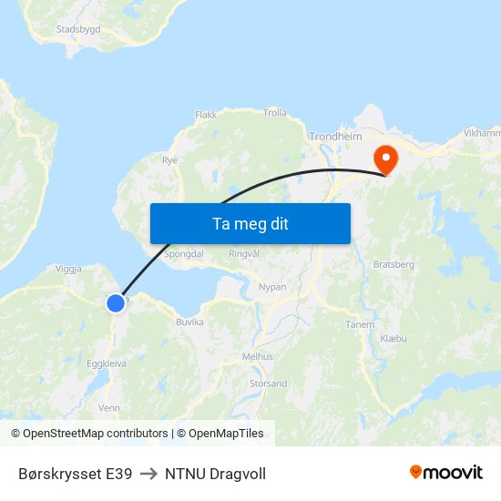Børskrysset E39 to NTNU Dragvoll map