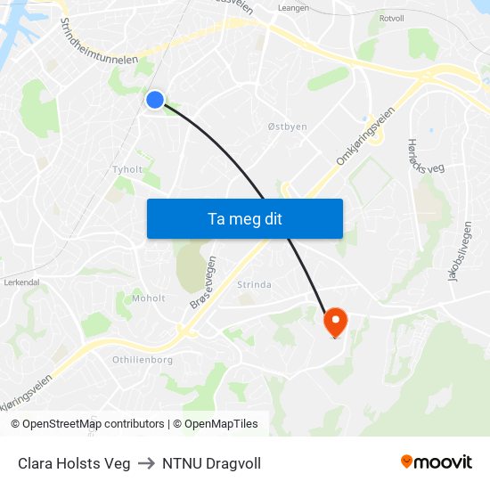 Clara Holsts Veg to NTNU Dragvoll map