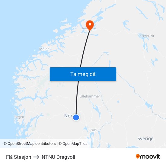 Flå Stasjon to NTNU Dragvoll map