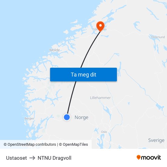 Ustaoset to NTNU Dragvoll map