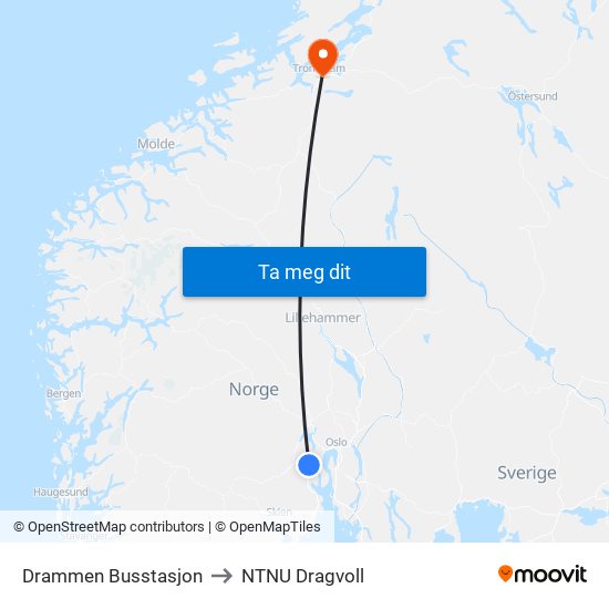 Drammen Busstasjon to NTNU Dragvoll map