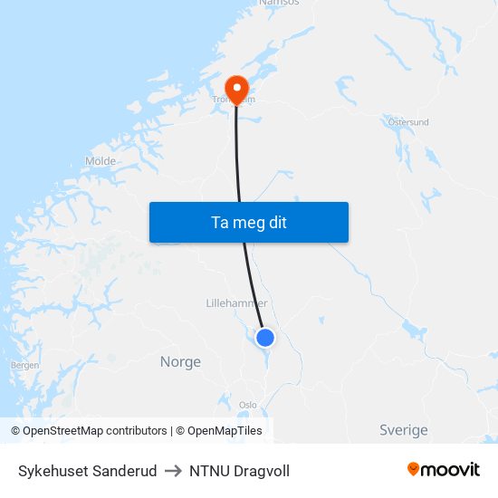 Sykehuset Sanderud to NTNU Dragvoll map