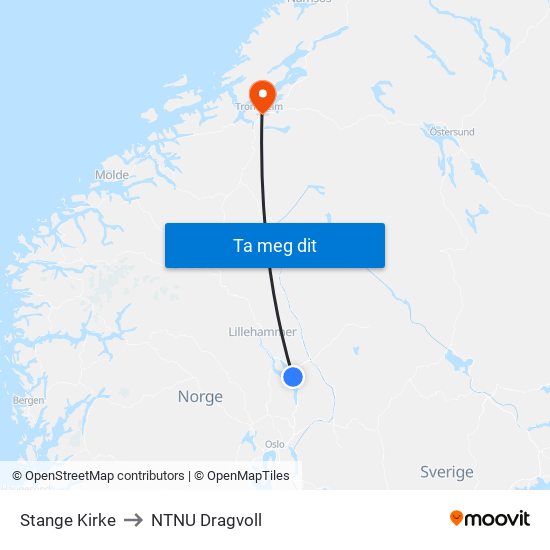 Stange Kirke to NTNU Dragvoll map