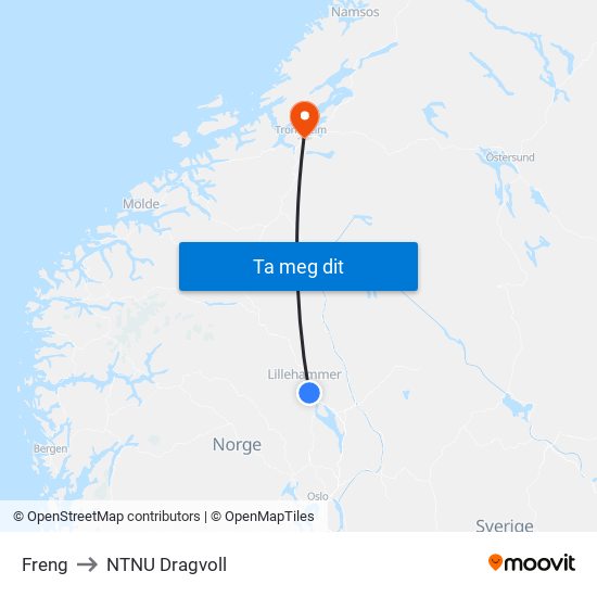 Freng to NTNU Dragvoll map