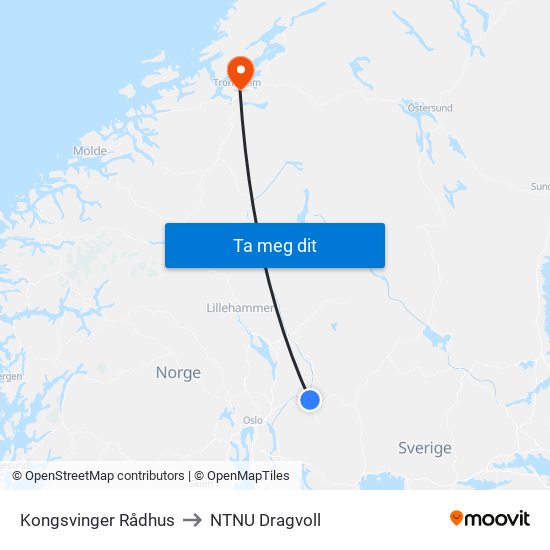 Kongsvinger Rådhus to NTNU Dragvoll map