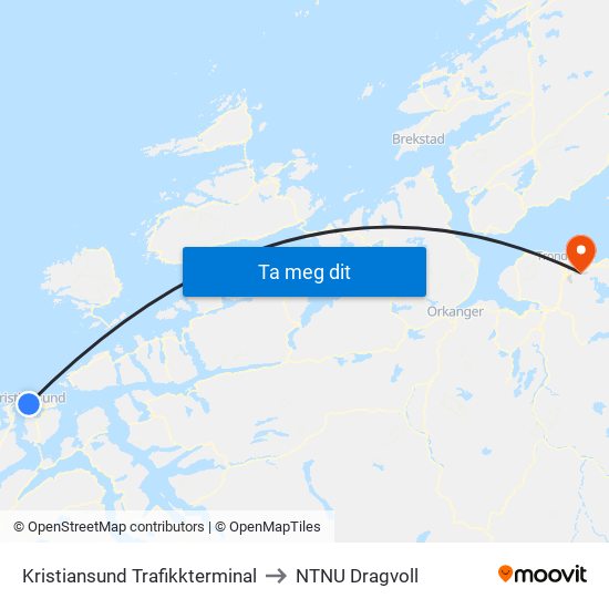Kristiansund Trafikkterminal to NTNU Dragvoll map