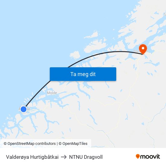 Valderøya Hurtigbåtkai to NTNU Dragvoll map