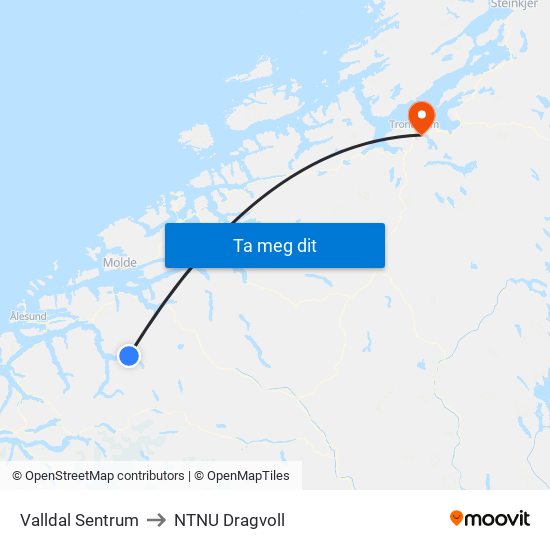 Valldal Sentrum to NTNU Dragvoll map