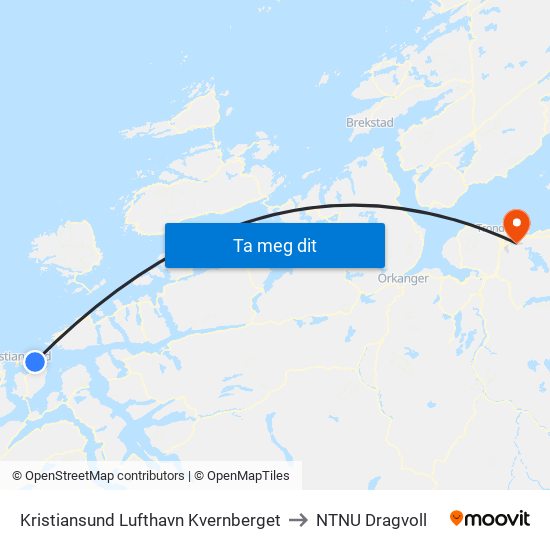 Kristiansund Lufthavn Kvernberget to NTNU Dragvoll map