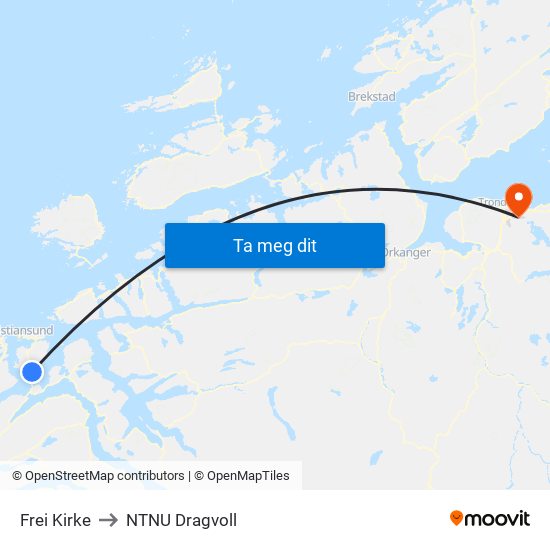 Frei Kirke to NTNU Dragvoll map