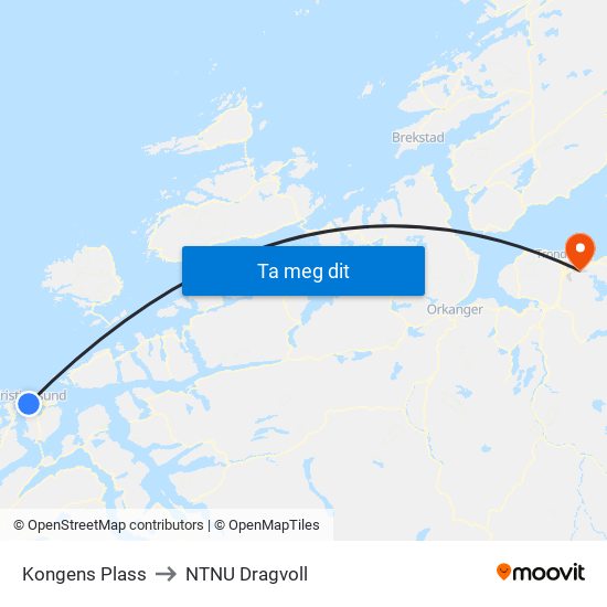 Kongens Plass to NTNU Dragvoll map