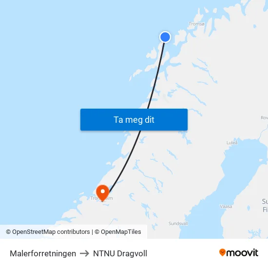 Nordlysparken to NTNU Dragvoll map