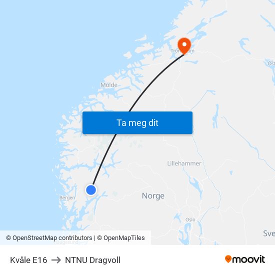 Kvåle E16 to NTNU Dragvoll map