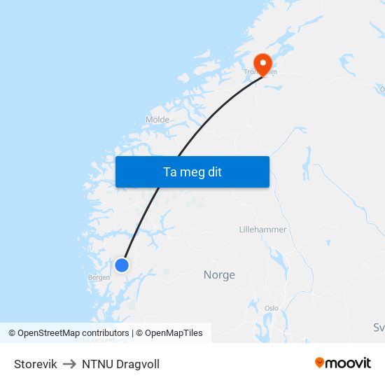 Storevik to NTNU Dragvoll map