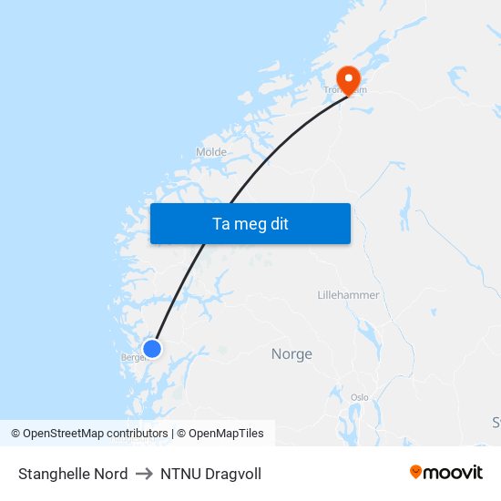 Stanghelle Nord to NTNU Dragvoll map