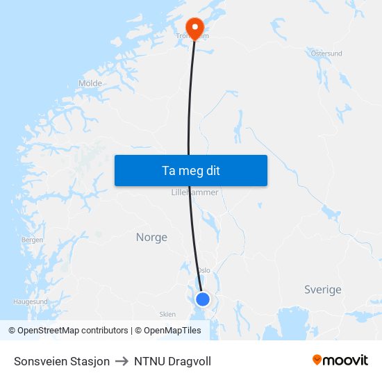 Sonsveien Stasjon to NTNU Dragvoll map