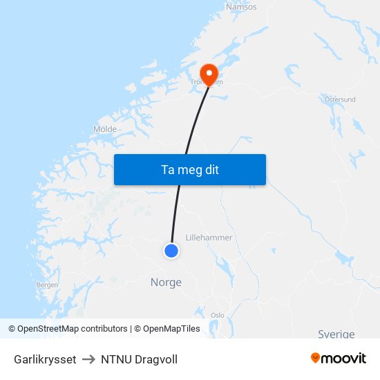 Garlikrysset to NTNU Dragvoll map